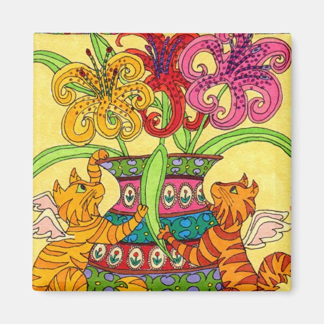 Íman Fadas de Gato com Vaso Ornamentado de Lírios (Frente)