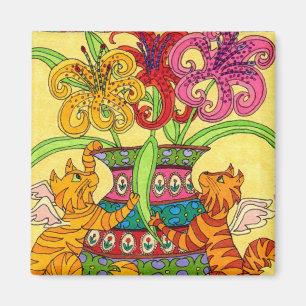 Íman Fadas do gato com o vaso ornamentado dos lírios