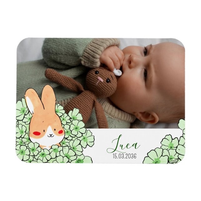 Íman Faire-part naissance magnet Lapin et fleurs (Horizontal)
