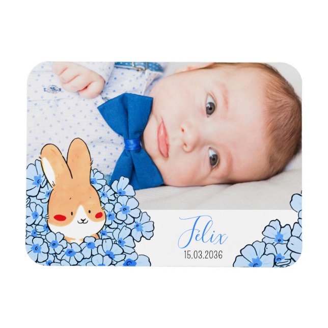 Íman Faire-part naissance magnet Lapin et fleurs (Horizontal)