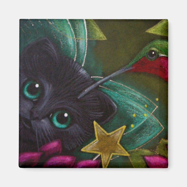 Íman FAIRY NEGRO KITTEN CAT & HUMMINGBIRD Magnet (Frente)