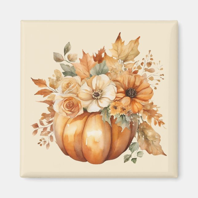 Íman Fall Season-Watercolor Pumpkin Floral Design- (Frente)