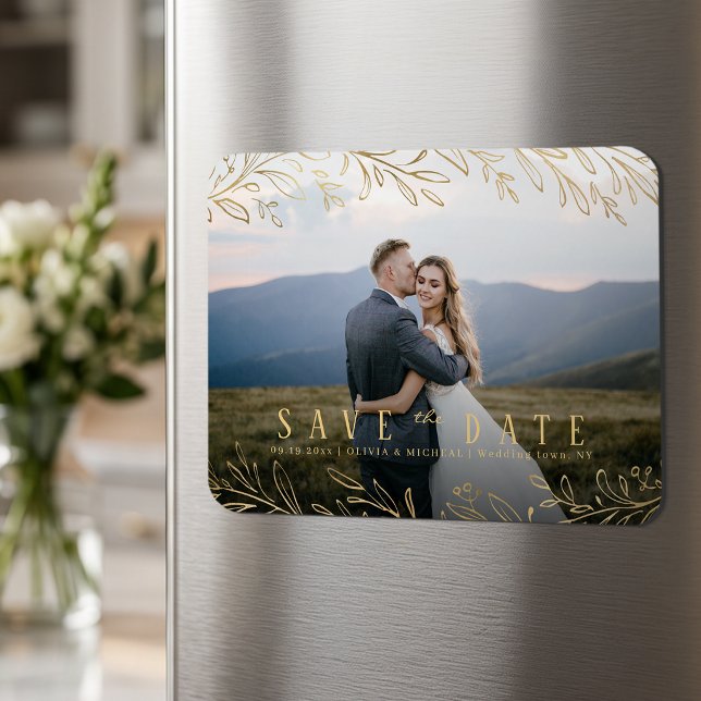 Íman Falso ouro rustico save the date foto botânica (Faux gold rustic botanical photo save the date magnet)