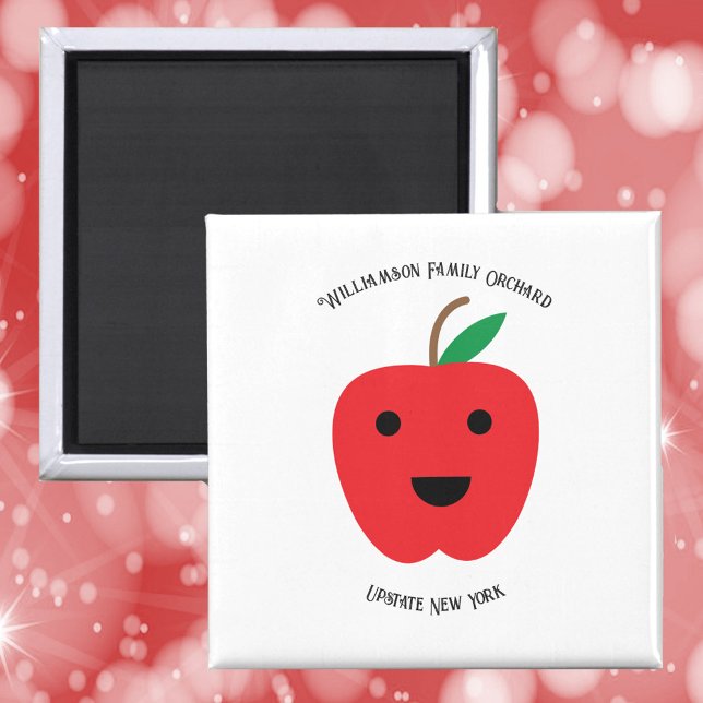 Íman Família Apple Orchard Cute Personalizar (A magnet with a cute red apple with a smile and text you can personalize!)