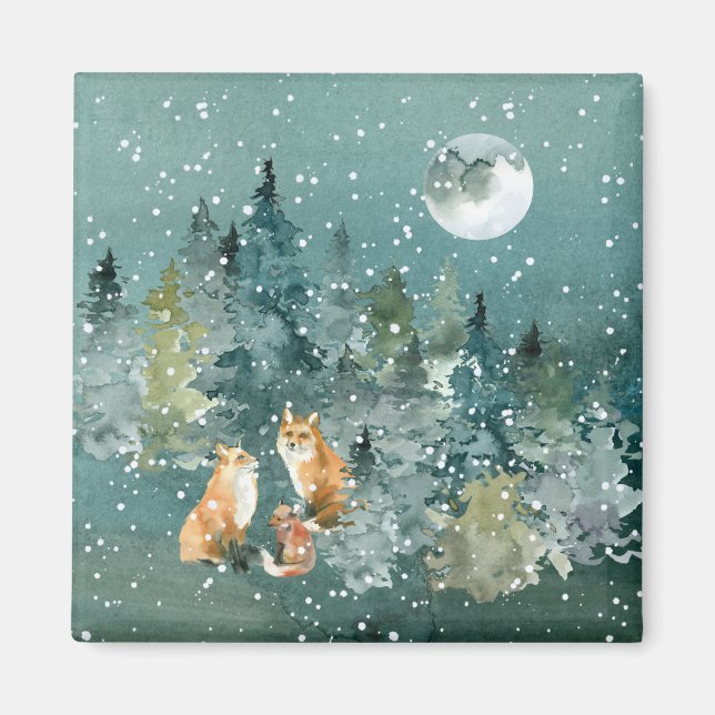 Íman Família de Raposas na Floresta Neve sob Lua Cheia (Frente)