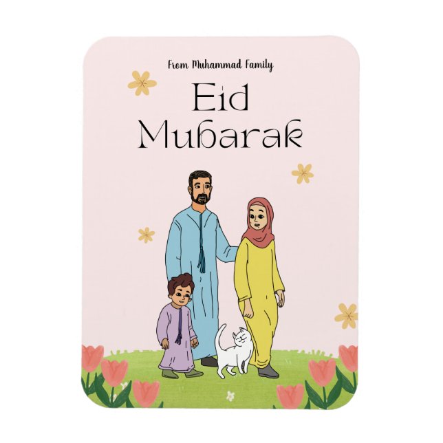 Íman Família Muçulmana Eid Mubarak Personalizada e Gato (Vertical)
