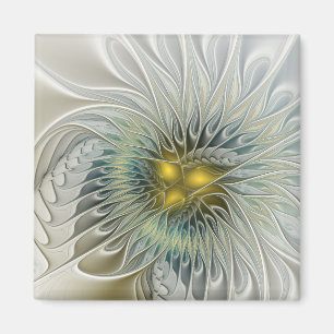Íman Fantasia Flor de Prata Dourada Arte Fractal Abstra