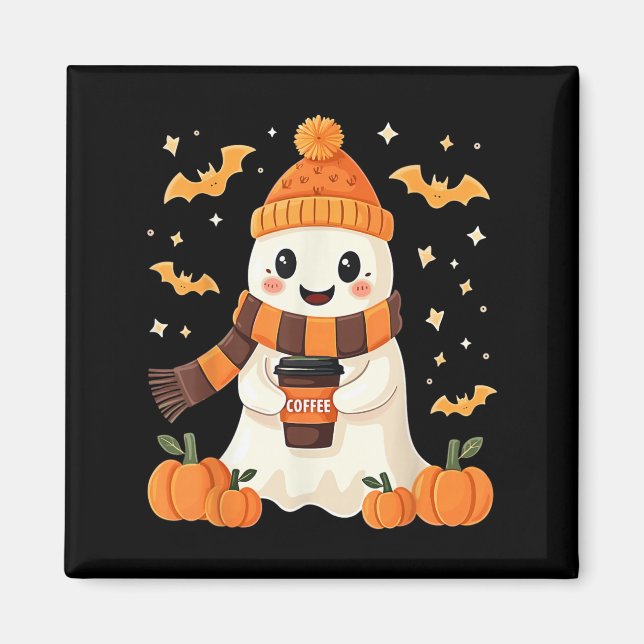 Íman Fantasma Bebendo Café Halloween Fantasma Fofo Café (Frente)