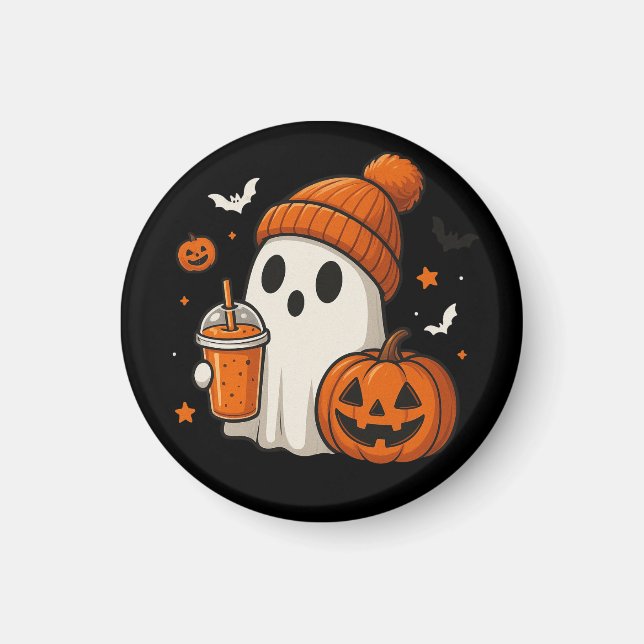 Íman Fantasma de Halloween Fofo com Abóbora e Bebida  (Frente)