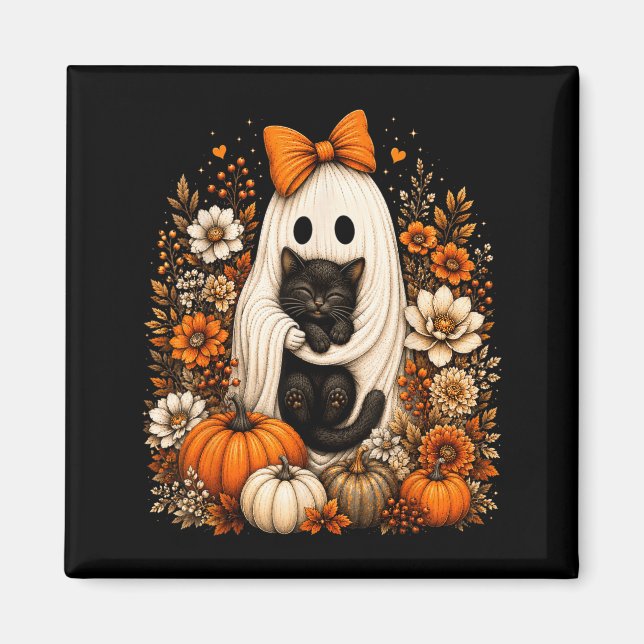 Íman Fantasma de Halloween segurando abóbora floral de  (Frente)