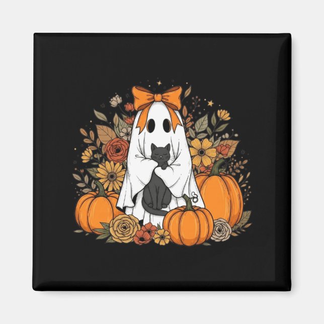 Íman Fantasma de Halloween segurando gato preto floral  (Frente)