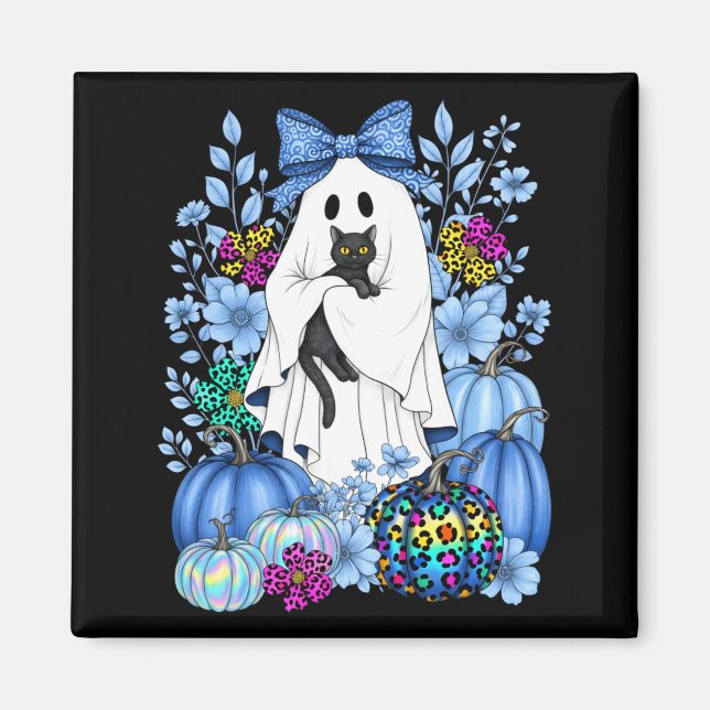 Íman Fantasma de Halloween Vintage Segurando Gatos Pret (Frente)