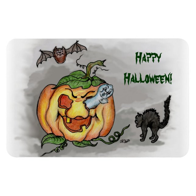 Íman fantasma, morcego e gato, Feliz Halloween! (Horizontal)