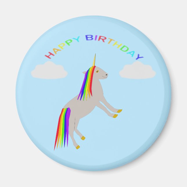 Íman Fantasy Birthday Unicorn Rainbow and Clouds (Frente)