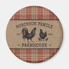 Íman Farmhouse Familiar Vintage Red Xadrez Burlap Round