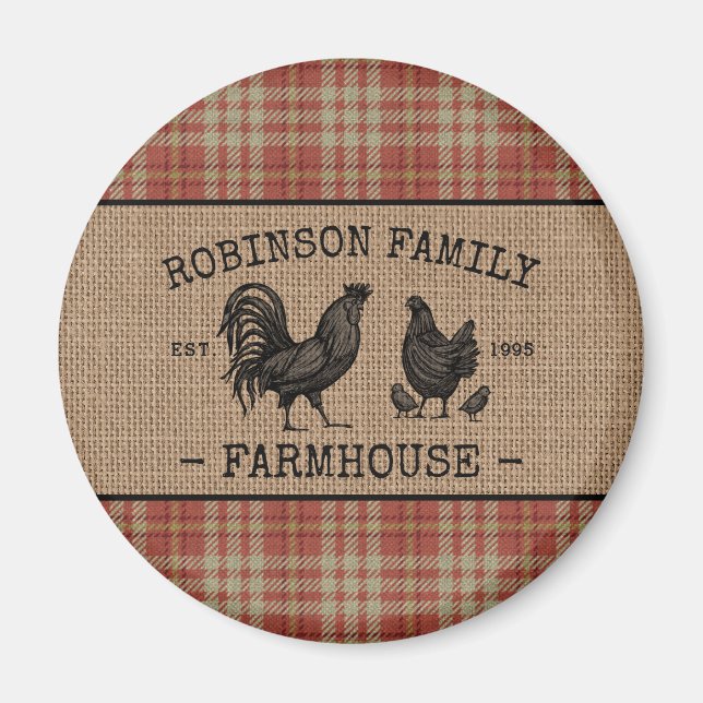 Íman Farmhouse Familiar Vintage Red Xadrez Burlap Round (Frente)