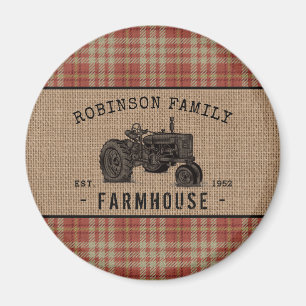 Íman Farmhouse Trator Red Xadrez Burlap Round
