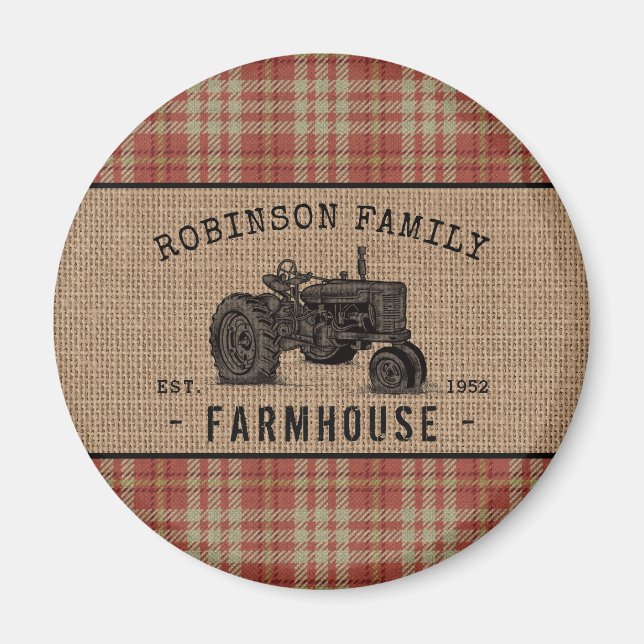 Íman Farmhouse Trator Red Xadrez Burlap Round (Frente)