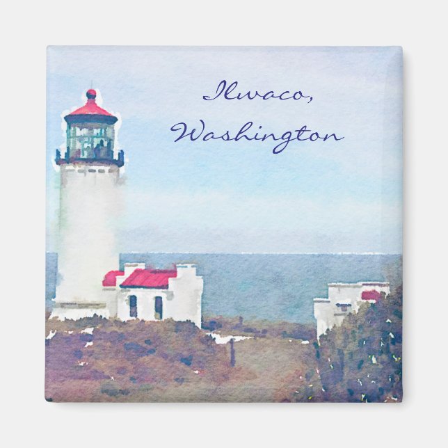 Íman Farol de Cabeça Norte Ilwaco, WA Watercolor Impres (Frente)