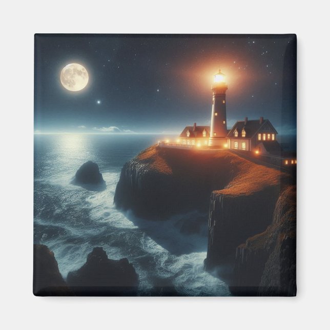 Íman Farol náutico/costeiro à noite com lua (Frente)