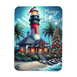 Íman Farol Tropical de Natal Whimsical Vermelho Teal