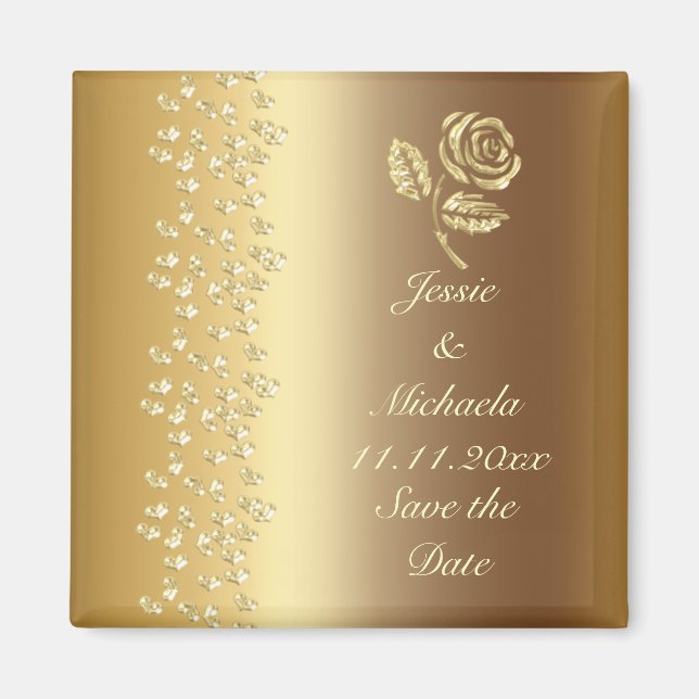 Íman Faux Dourado Wedding Rosa e Hearts Salvem a Data (Frente)