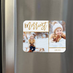 Íman Faux Gold Foil 2 Feriado Fotográfico Merriest<br><div class="desc">Ímanes de fotos de feriado personalizados impressos com modelos simples para personalização. Este design elegante apresenta um layout de colagem de duas fotos em um fundo branco. O texto moderno do roteiro de caligrafia diz Merriest em folha de ouro falsa. Personalize-o com suas próprias fotos e adicione o ano ou...</div>