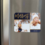 Íman Faux Gold Foil 2 Feriado Fotográfico Merriest<br><div class="desc">Ímanes de fotos de feriado personalizados impressos com modelos simples para personalização. Este design elegante apresenta um layout de colagem de duas fotos em um fundo de marinho azul-aquarela. O texto moderno do roteiro de caligrafia diz Merriest em folha de ouro falsa. Personalize-o com suas próprias fotos e adicione o...</div>