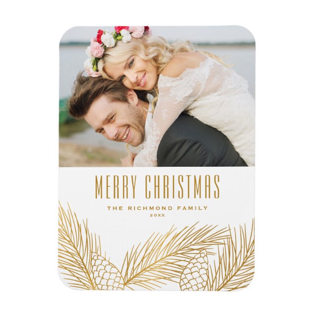 Íman Faux Gold Foil Pine Agulha Feliz Foto de Natal (Vertical)
