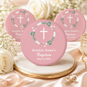 Íman Favor de Batismo Cruz Floral Branco Rosa Empoeirad