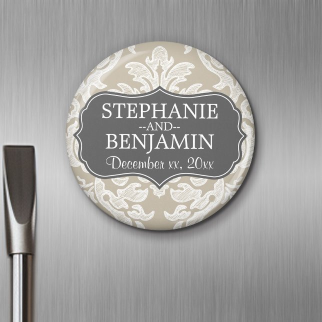 Íman Favor de casamento com padrão de damasco cinza e b (Personalized magnet)