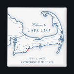 Íman Favor de Casamento de Destino de Cabo Cod<br><div class="desc">Encomendamento rápido e fácil! Estes ímãs do mapa do Cabo Cod fazem favores de casamento do Cabo Cod excelente para incluir nas suas bolsas de boas-vindas de Cabo Cod. Mova o coração clicando em "Editar usando a ferramenta design" em "Personalizar". Perfeito para todos os locais de excelente no Cabo, incluindo...</div>