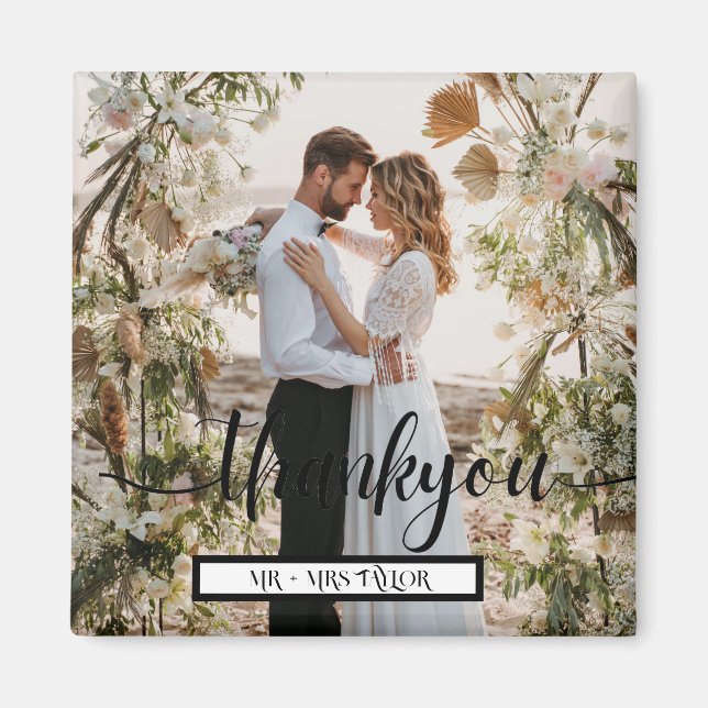 Íman Favor de Foto de Casamento Obrigado com Letra Mode (Frente)