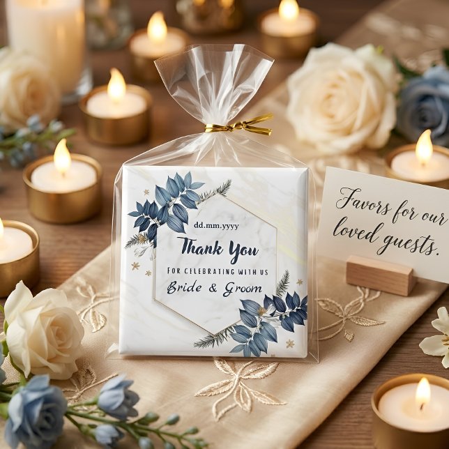Íman Favor de Noiva Floral Azul Branco Obrigado Quadro (Criador carregado)