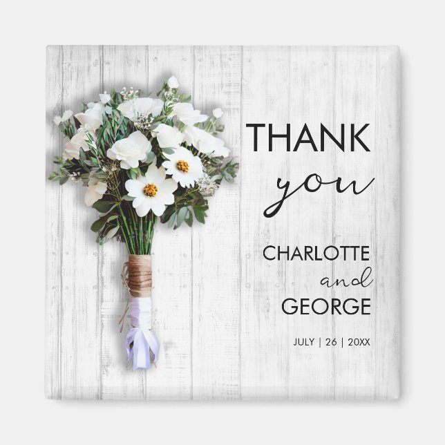 Íman Favor do buquê floral branco (Frente)