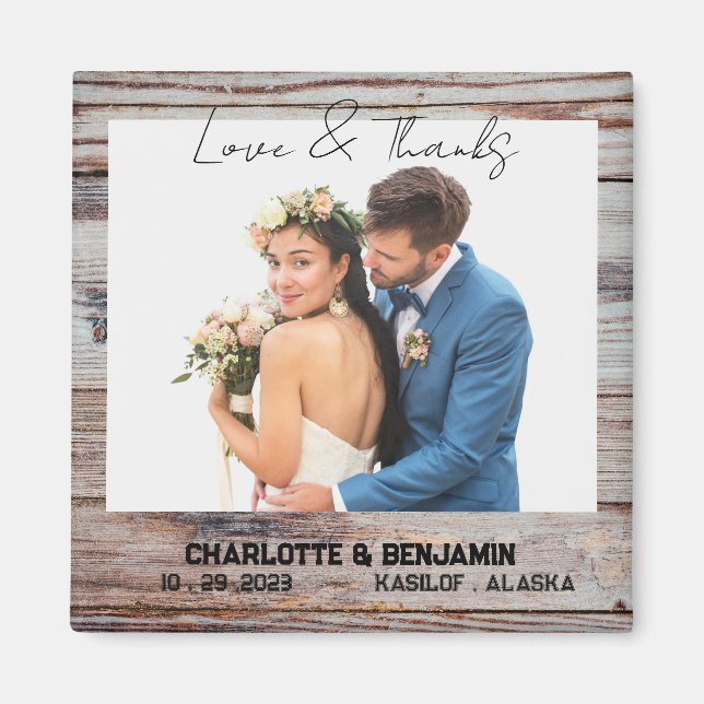 Íman Favor Rustic Wooden Photo Wedding (Frente)