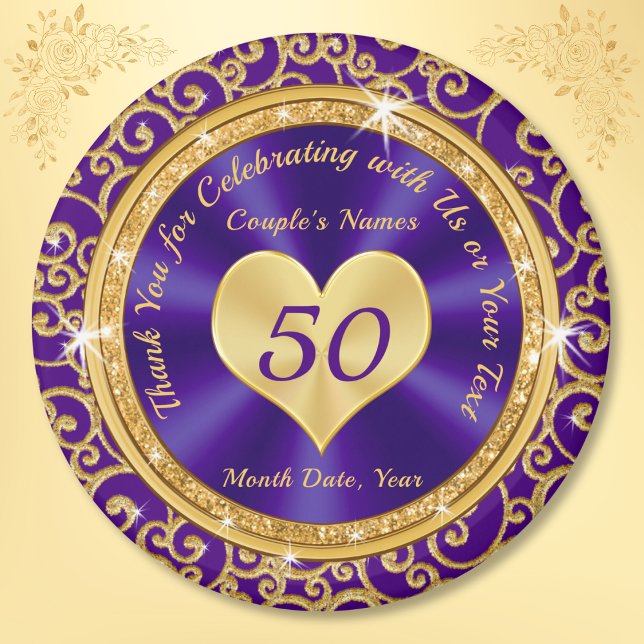 Íman Favoritos para festas Dourados do 50º aniversário  (50 year anniversary party favors. Golden wedding anniversary ideas for parents. Purple Gold Favors.)