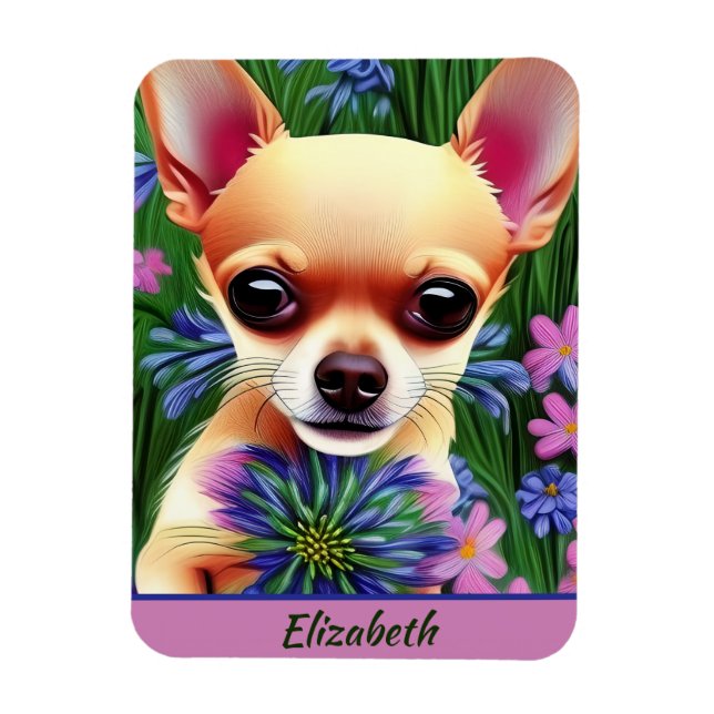 Íman Fawn Chihuahua Puppy no Prado Flor Personalizado (Vertical)
