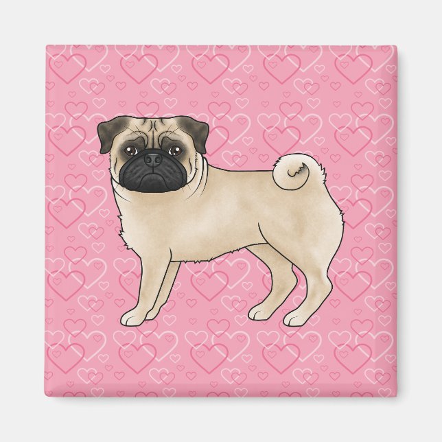 Íman Fawn Pug Dog Cartoon Mops Pink Love Heart Pattern (Frente)