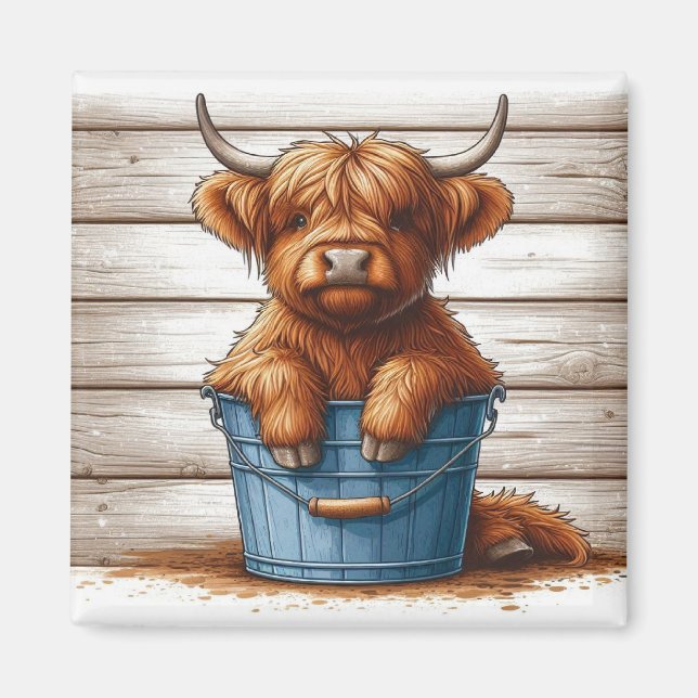 Íman Feira de Vaca Highland Balde Azul Contra Muro de M (Frente)