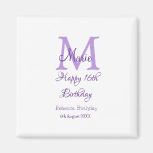Íman Feliz 16º Aniversário, púrpura, adiciona nome mono