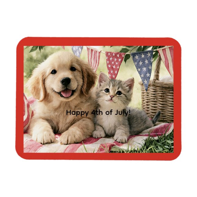 Íman Feliz 4 de julho, cachorrinho fofo e gato tabby, (Horizontal)