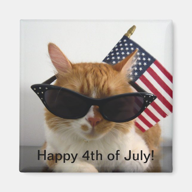 Íman Feliz 4 de Julho Gato Legal com Ímã de Bandeira (Frente)