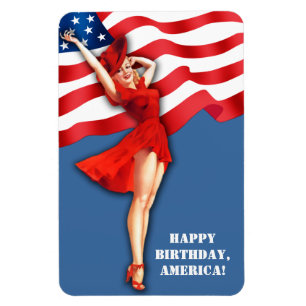 Íman Feliz aniversário, América. Design de Pin-Up Vinta