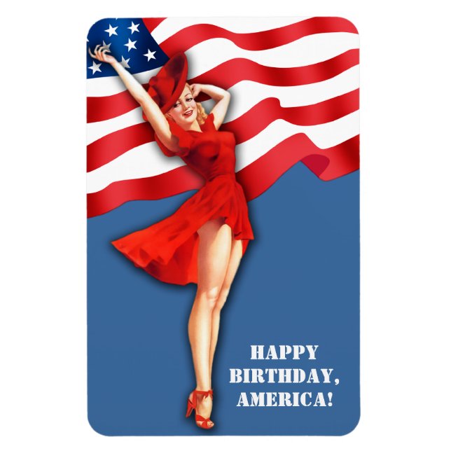 Íman Feliz aniversário, América. Design de Pin-Up Vinta (Vertical)