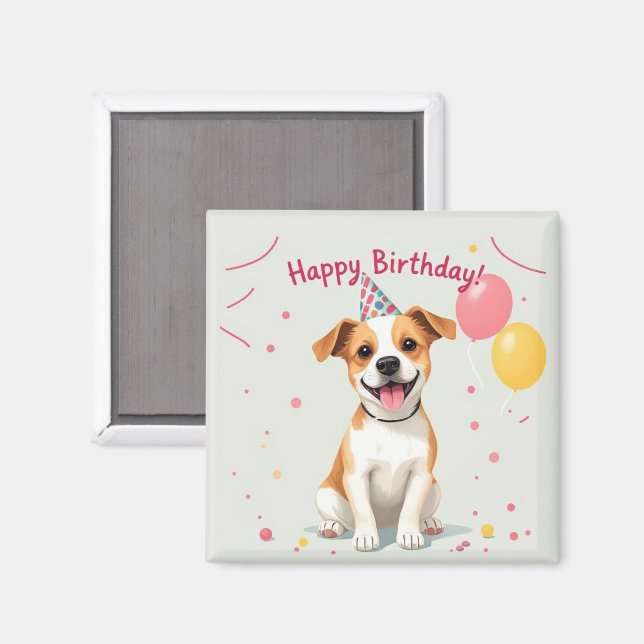 Íman Feliz Aniversário Cachorro com Chapéu de Festa e B (Front/Back)