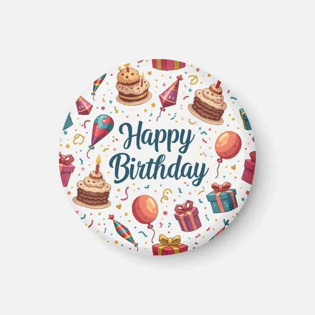 Íman Feliz Aniversário com Balões e Bolo (Frente)