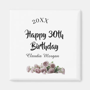 Íman Feliz aniversário de 30 anos rosa branco floral no