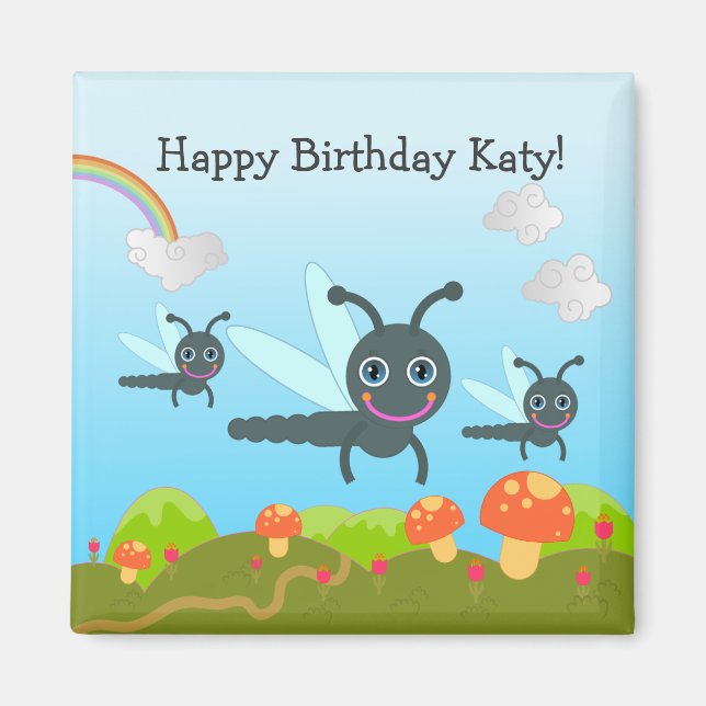 Íman Feliz Aniversário diz que a libélula (Frente)