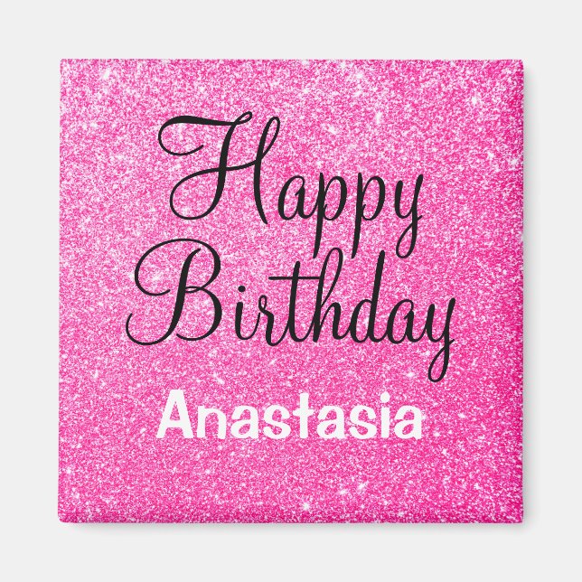 Íman Feliz Aniversário Glam Rosa Choque Brilho Nome (Frente)